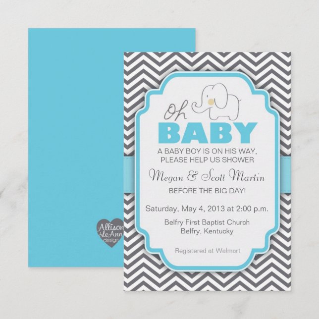 Oh Baby Elephant - Invitation de Baby shower bleu  (Devant / Derrière)