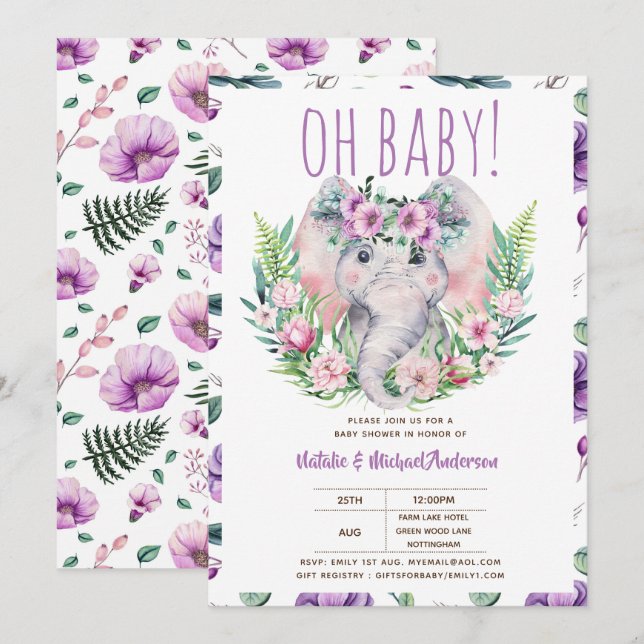 Oh Baby Elephant mit violetten Blumen Moderne Dusc Einladung (Vorne/Hinten)