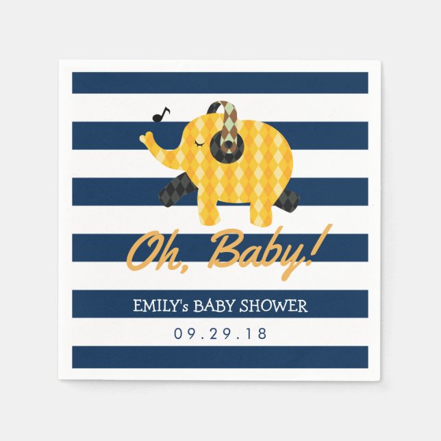 Oh Baby Elephant Navy Blue Stripes Baby Dusche Serviette (Vorderseite)