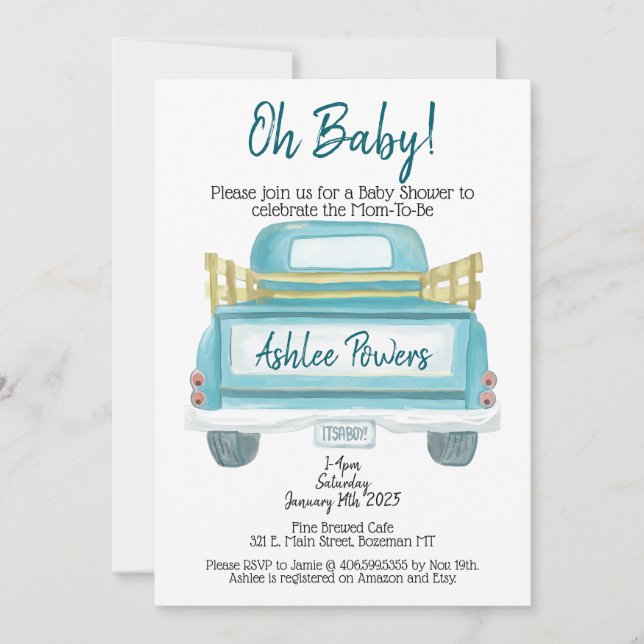 Oh Baby Es ist ein Baby-Dusche-Einladungs-LKW Einladung (Vorderseite)