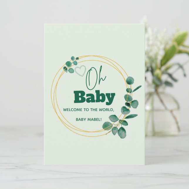 Oh Baby Eucalyptus Leaves  Baby Shower Einladung (Stehend Vorderseite)