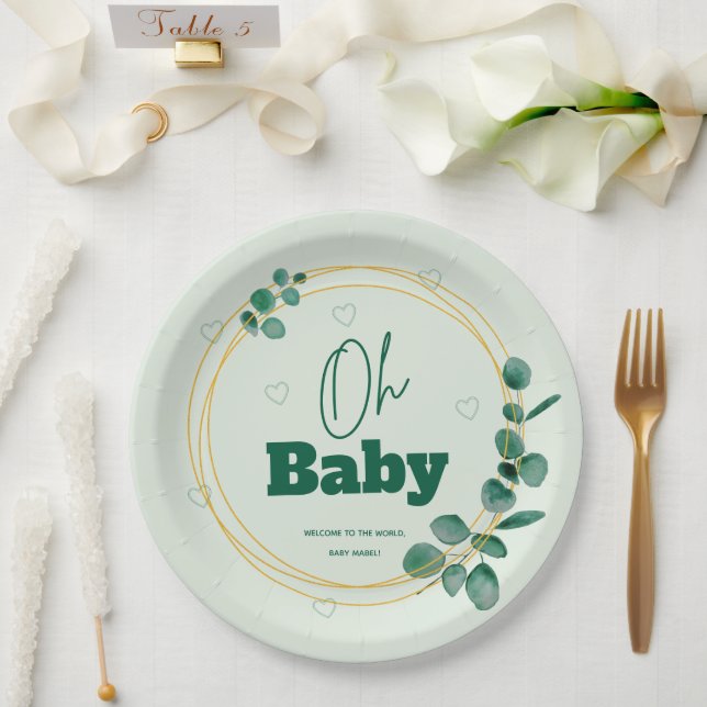 Oh Baby Eucalyptus Leaves  Baby Shower Pappteller (Hochzeit)