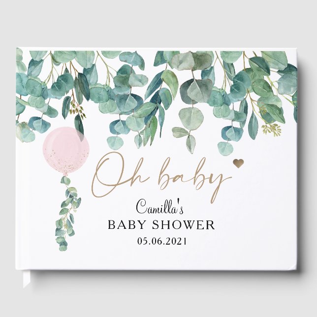 Oh Baby Eucalyptus Pink Balloon Baby Dusche Gästebuch (Vorderseite)