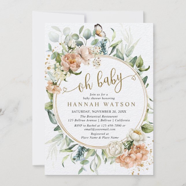 Oh Baby Eukalyptus Blush Pink Rose Baby Dusche Einladung (Vorderseite)