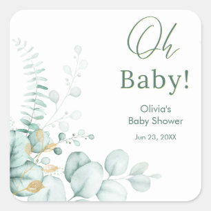 Oh Baby Eukalyptus Grün Gold Baby Shower Quadratischer Aufkleber