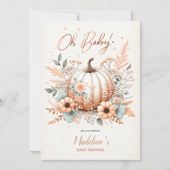 Oh, Baby! Fall Pumpkin Baby Dusche Blush Floral Einladung (Vorderseite)