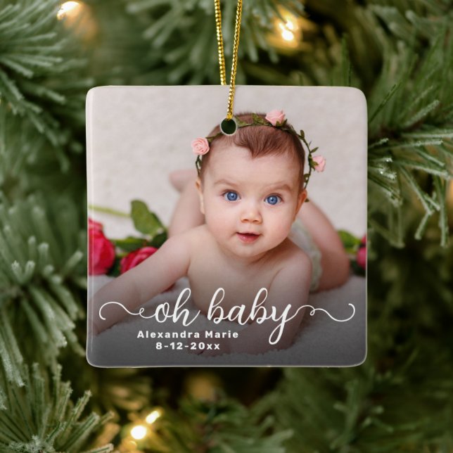 Oh Baby First Christmas Doppelseitiges Foto Keramikornament (Baum)