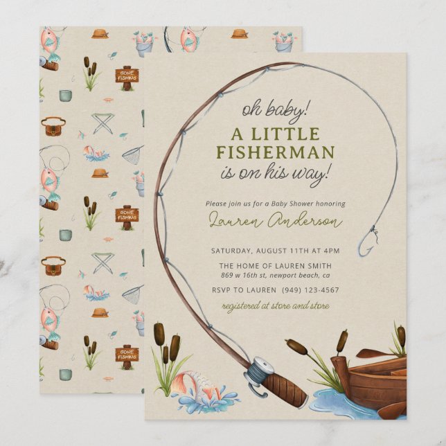 Oh Baby Fisherman Watercolor Boy Babydusche Einladung (Vorne/Hinten)
