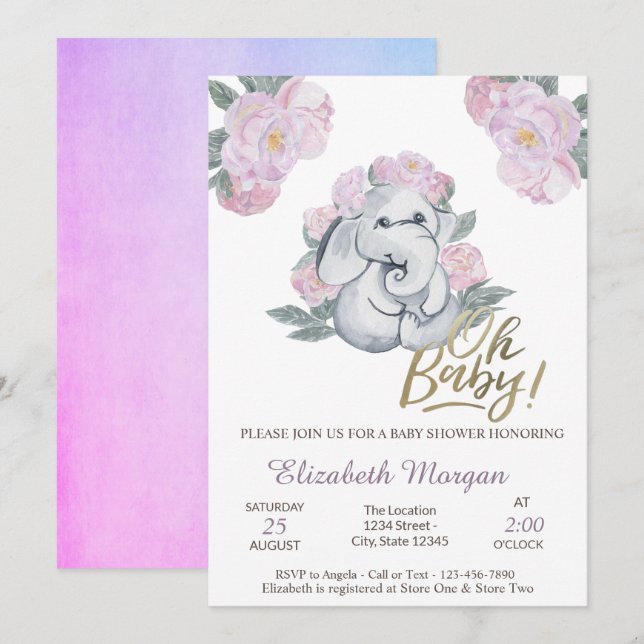 Oh Baby Floral Elephant Baby Dusche Einladung (Vorne/Hinten)