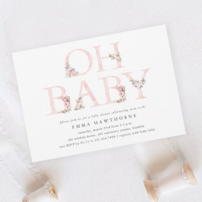 Oh Baby Floral Typografie Pink Baby Dusche Einladung (Oh Baby Elegant Floral Typography Pink Girls Baby Shower Invitation.)