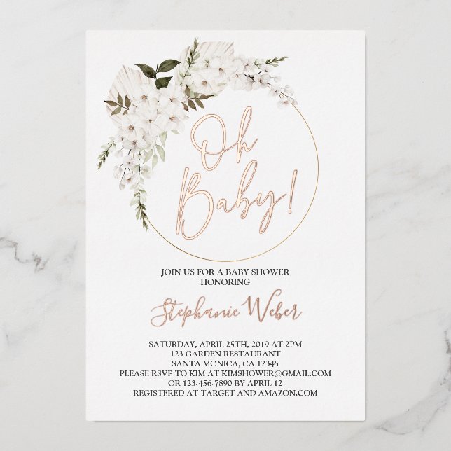 Oh Baby floral vrai or rose Foil Invitation (Recto)
