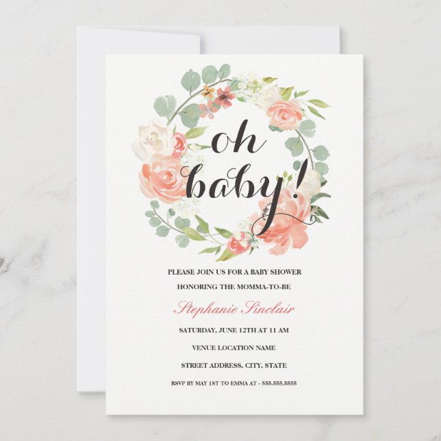 Oh Baby Floral Wreath Baby Dusche Einladung (Vorderseite)