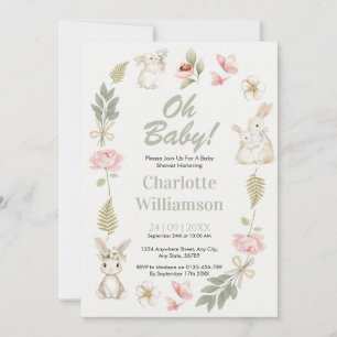 Oh Baby Florales Häschen Sage & Pink Baby Shower E Einladung