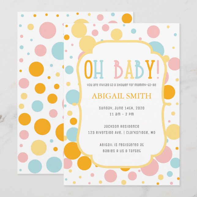 Oh Baby Fun Pois Baby shower Invitation (Devant / Derrière)