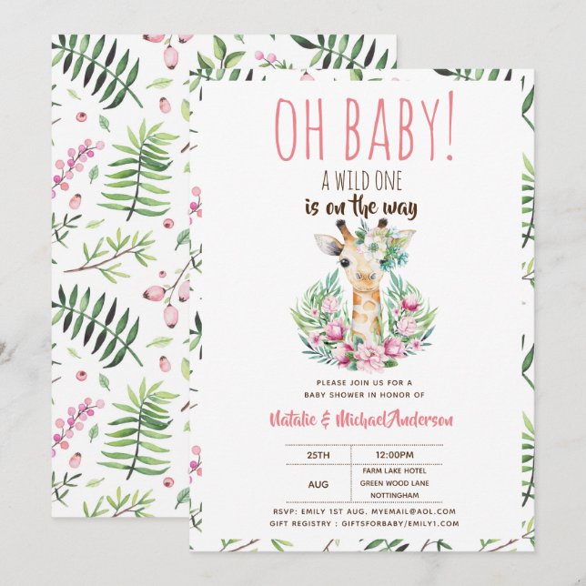 Oh Baby Giraffe A Wild One Safari Animal Floral Einladung (Vorne/Hinten)