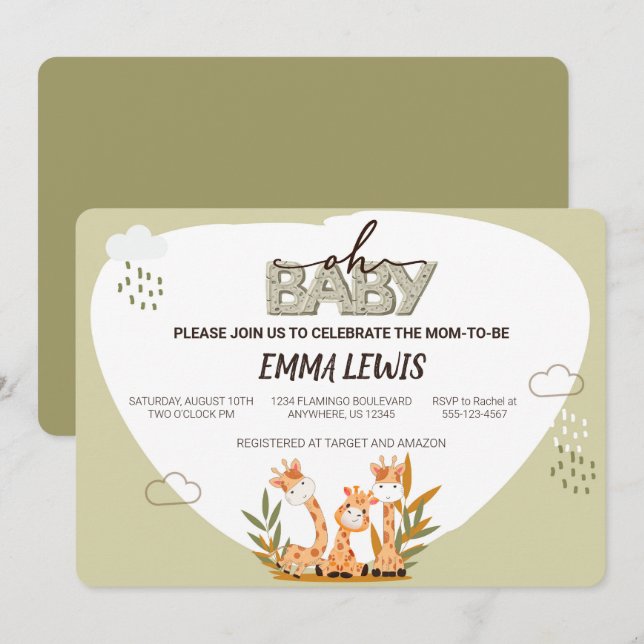 Oh Baby Giraffe, Baby shower Invitation (Devant / Derrière)