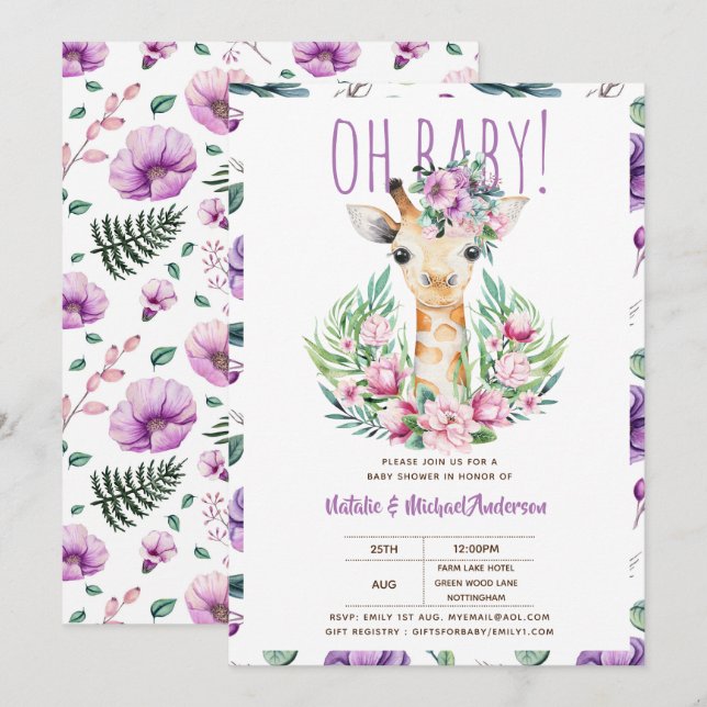 Oh Baby GIRAFFE mit violetten Blumen Moderne Dusch Einladung (Vorne/Hinten)