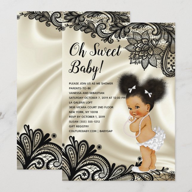 Oh Baby Girl Black Lace & Ivory Einladung (Vorne/Hinten)