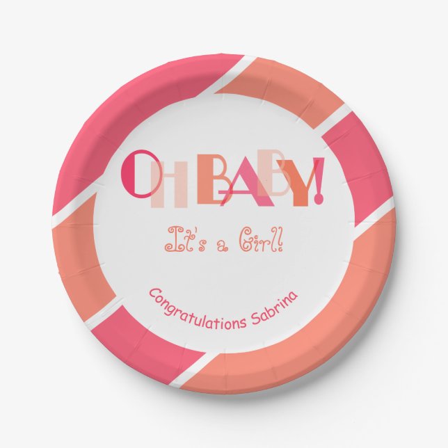 Oh Baby Girl Coral Moderne Babydusche Pappteller (Vorderseite)
