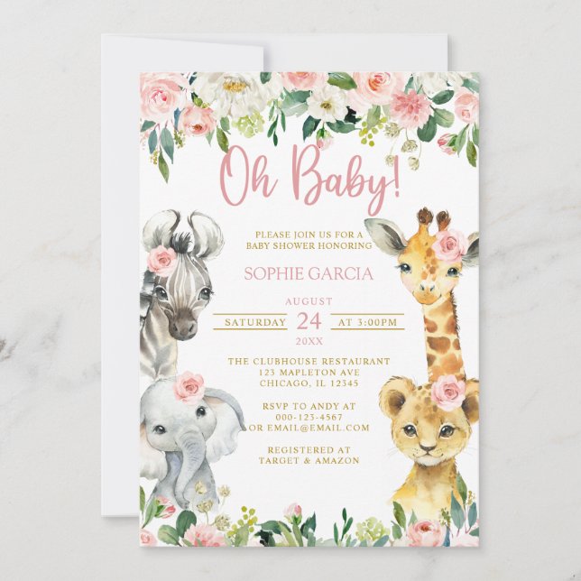 Oh Baby Girl Jungle Safari Animals Baby Dusche Einladung (Vorderseite)