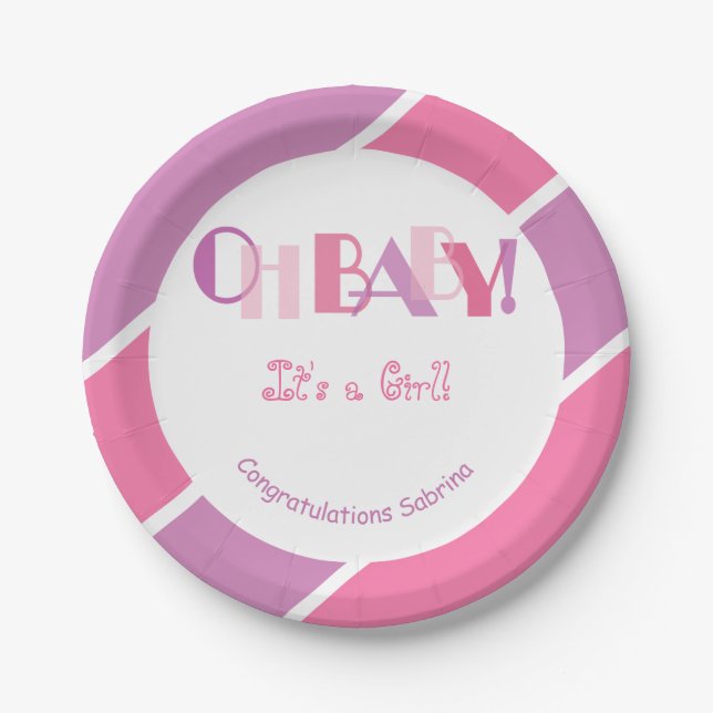 Oh Baby Girl Pink Moderne Babydusche Pappteller (Vorderseite)