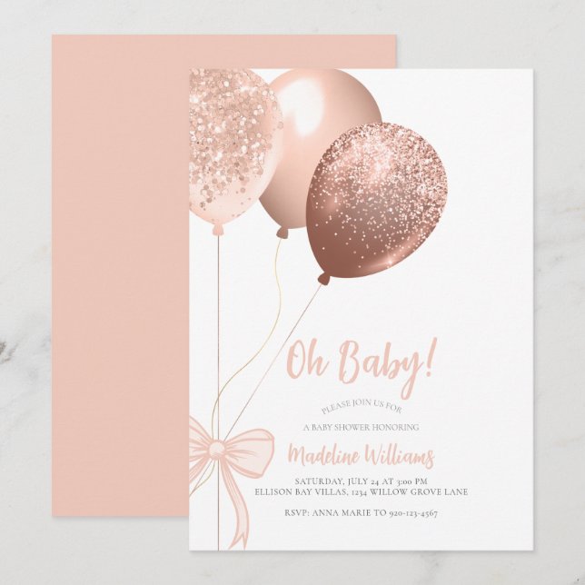 Oh Baby Glitzer Balloons Bow Baby Dusche Einladung (Vorne/Hinten)