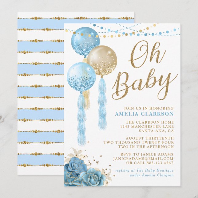Oh Baby Gold & Blue Balloons Baby Shower Einladung (Vorne/Hinten)