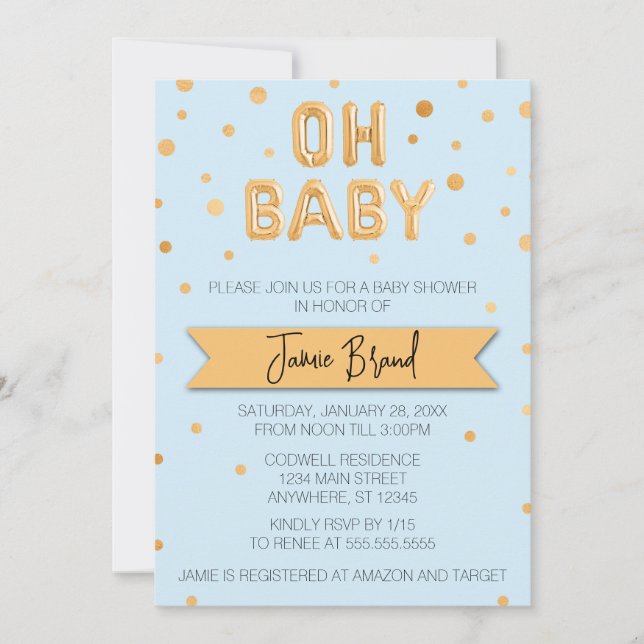 Oh Baby Gold Foil Balloon Baby Dusche Einladung (Vorderseite)