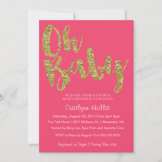 Oh Baby Gold Glitzer und Folie auf rosa Babydusche Einladung