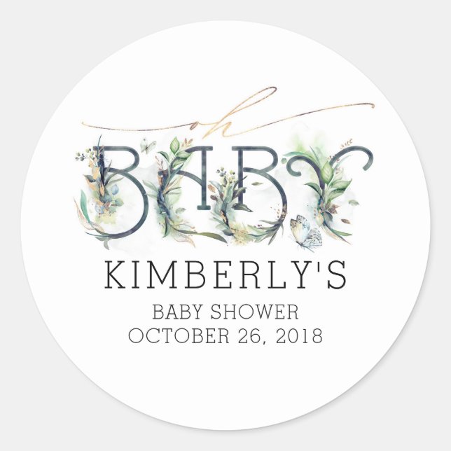 Oh Baby Gold Greenery Baby Shower Runder Aufkleber (Vorderseite)