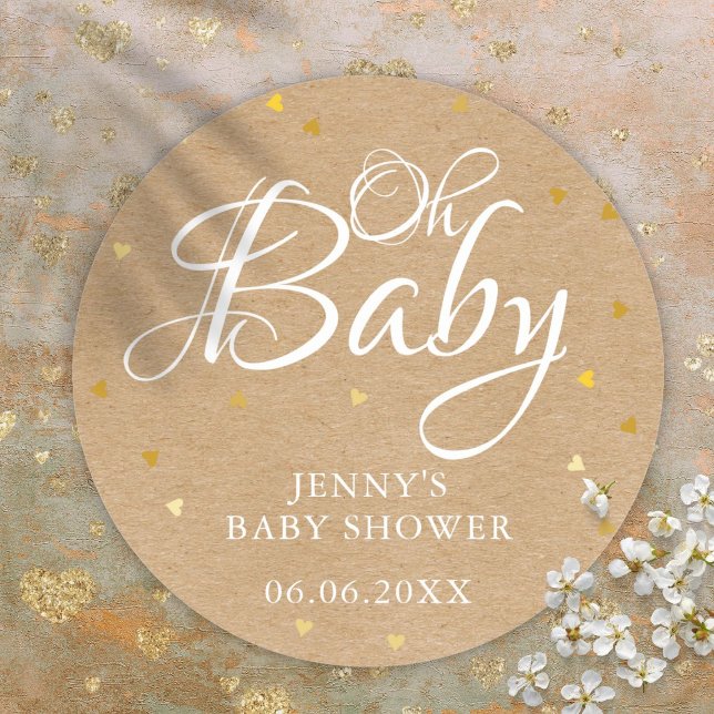 Oh Baby Gold Liebe Hört rustikale Kraft Baby Dusch Runder Aufkleber (Oh Baby Gold Love Hearts Rustic Kraft Baby Shower Classic Round Sticker)