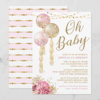 Oh Baby Gold & Pink Balloons Babydusche Einladung