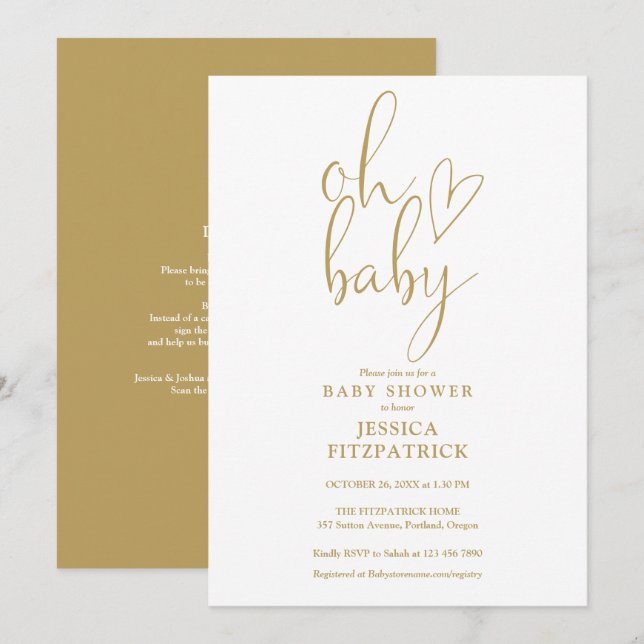 Oh, Baby Gold Script in einem Baby Dusche Einladung (Vorne/Hinten)