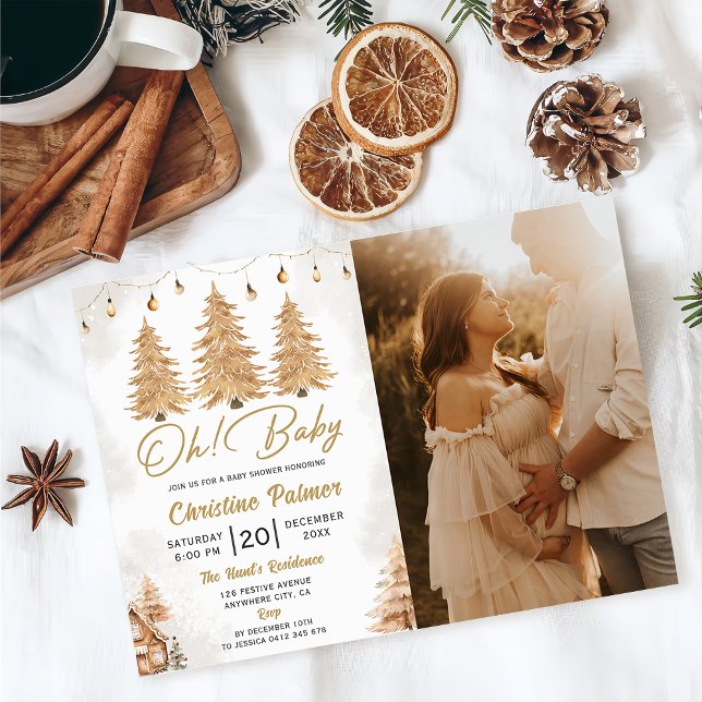 Oh, Baby! Gold Tree Christmas Baby Shower Foto Einladung (Von Creator hochgeladen)