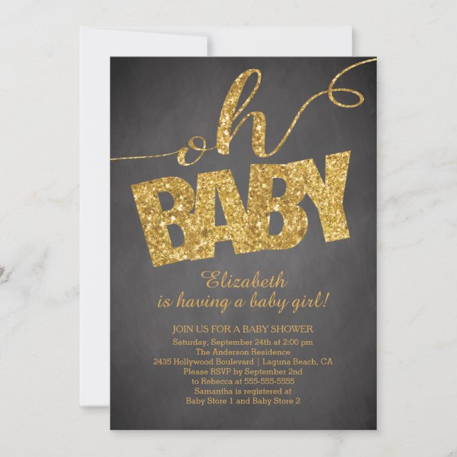 Oh, Baby! Goldene Glitzer Kinderdusche Einladung (Vorderseite)