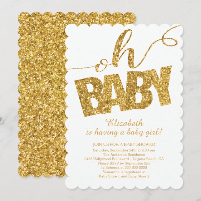 Oh, Baby! Goldene Glitzer Kinderdusche Einladung (Vorne/Hinten)
