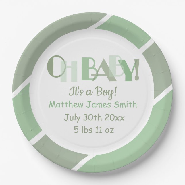 Oh Baby Green Typografy Baby Shower Paper Plate Pappteller (Vorderseite)