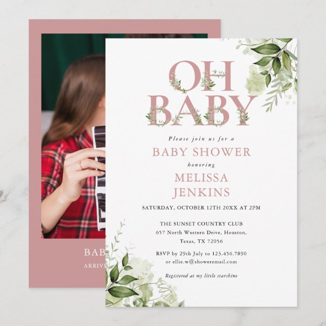 Oh Baby Greenery Dusty Rose Foto Babydusche Einladung (Vorne/Hinten)