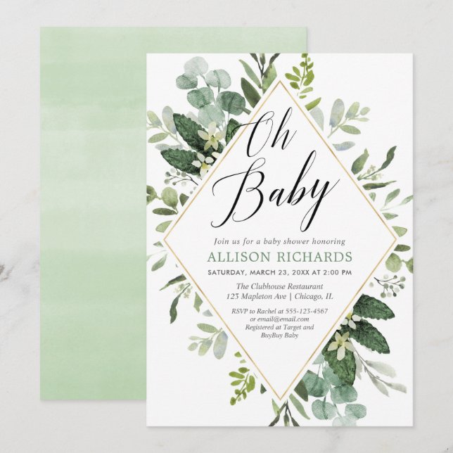 Oh baby Greenery Gold geschlechtsneutrale Babydusc Einladung (Vorne/Hinten)