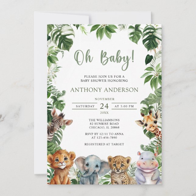 Oh Baby Greenery Jungle Safari Animals Baby Dusche Einladung (Vorderseite)