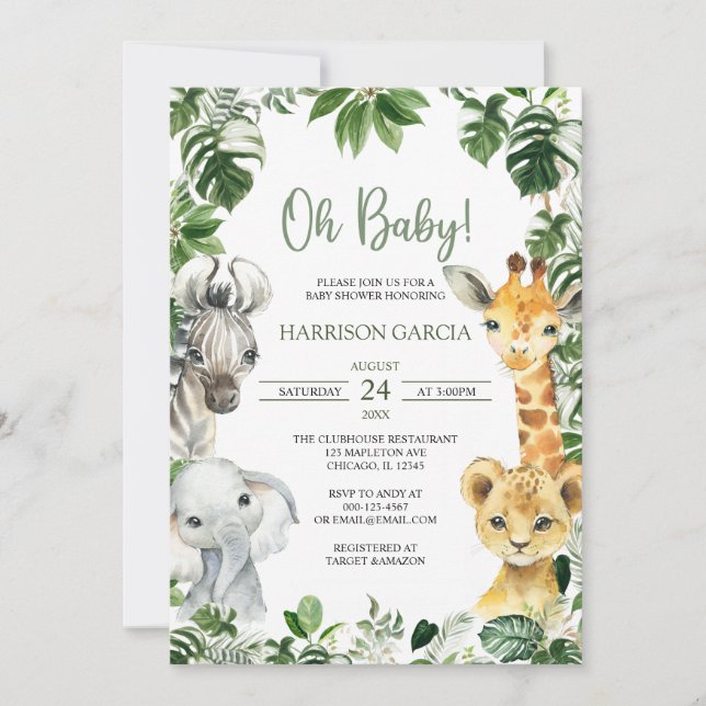 Oh Baby Greenery Jungle Safari Animals Baby Dusche Einladung (Vorderseite)