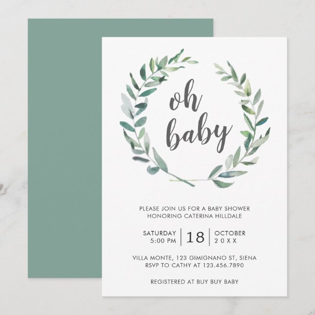 Oh Baby Greenery Wreath Gender Neutral Baby Dusche Einladung (Vorne/Hinten)