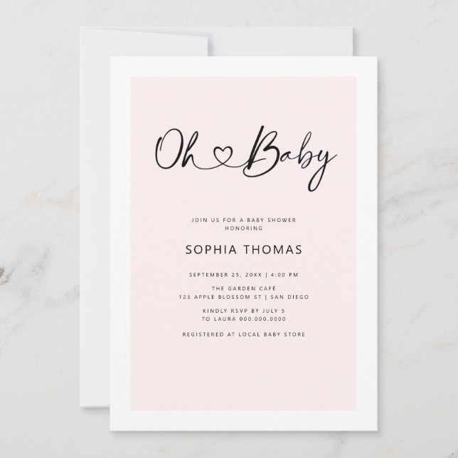 Oh Baby Heart Schriftart Minimal Soft Pink Baby Du Einladung (Vorderseite)