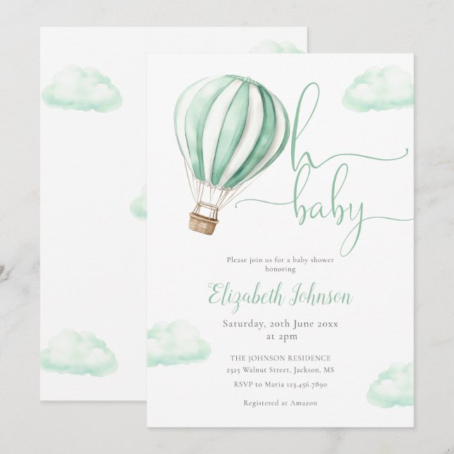Oh Baby Hot Air Ballon Neutral Baby Dusche Einladung (Vorne/Hinten)