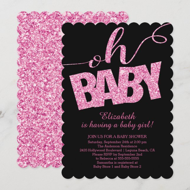 Oh, Baby! Hot Pink Glitzer Kinderdusche Einladung (Vorne/Hinten)
