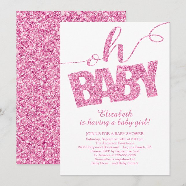 Oh, Baby! Hot Pink Glitzer Kinderdusche Einladung (Vorne/Hinten)
