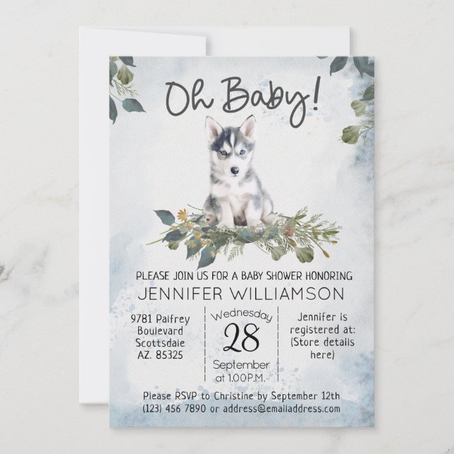 Oh, Baby! Husky Watercolor Dog Babydusche Einladung (Vorderseite)