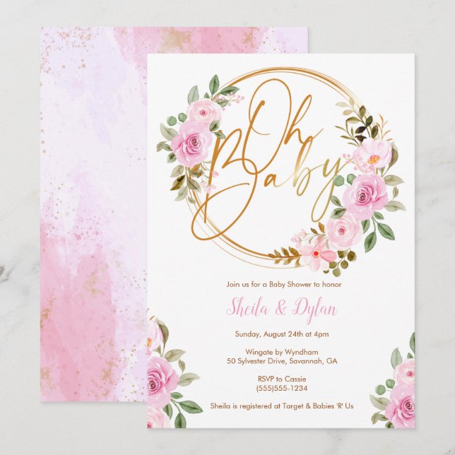 Oh Baby Invitation, Floral Baby shower Invitation (Devant / Derrière)