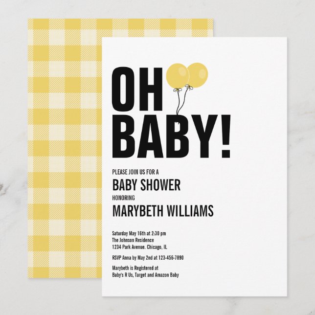 Oh Baby Jaune Balloon Baby shower Carte (Devant / Derrière)