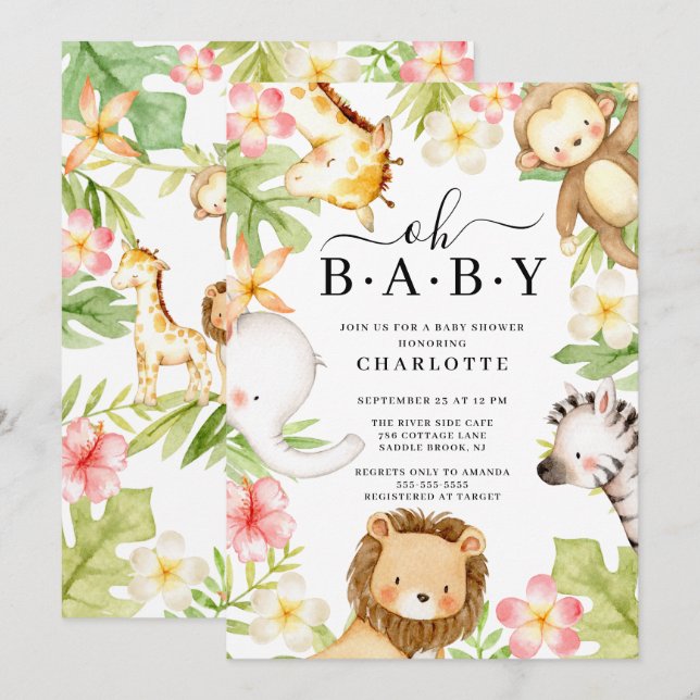 Oh Baby Jungle Baby Dusche Einladung (Vorne/Hinten)